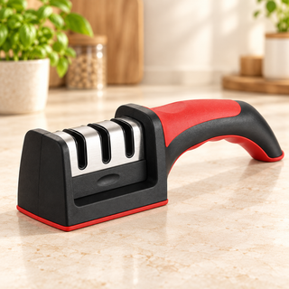 Afilador de cuchillos manual de 3 ranuras negro y rojo sobre una encimera de cocina