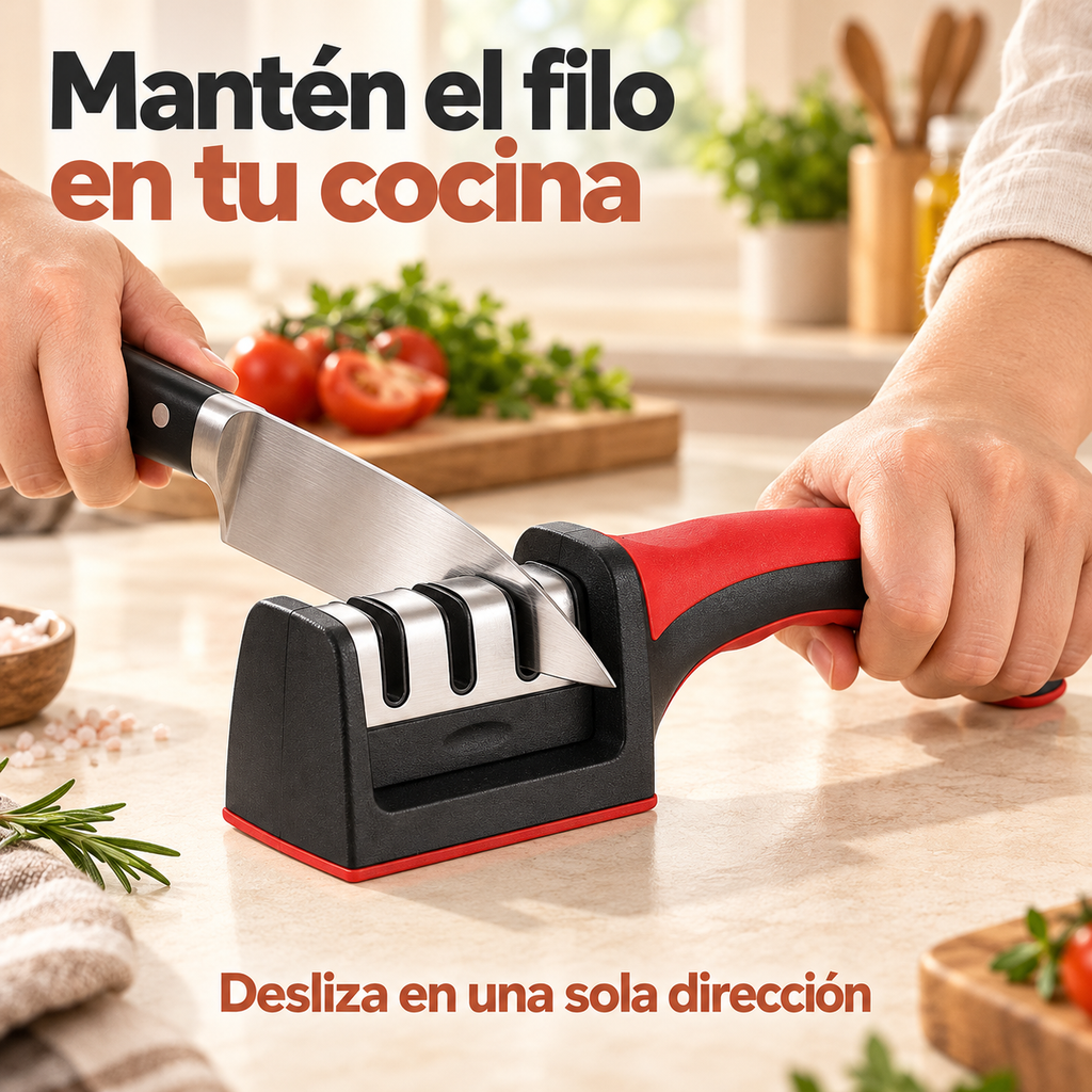 Uso del afilador manual de 3 ranuras sujetando el mango y deslizando el cuchillo en una sola dirección