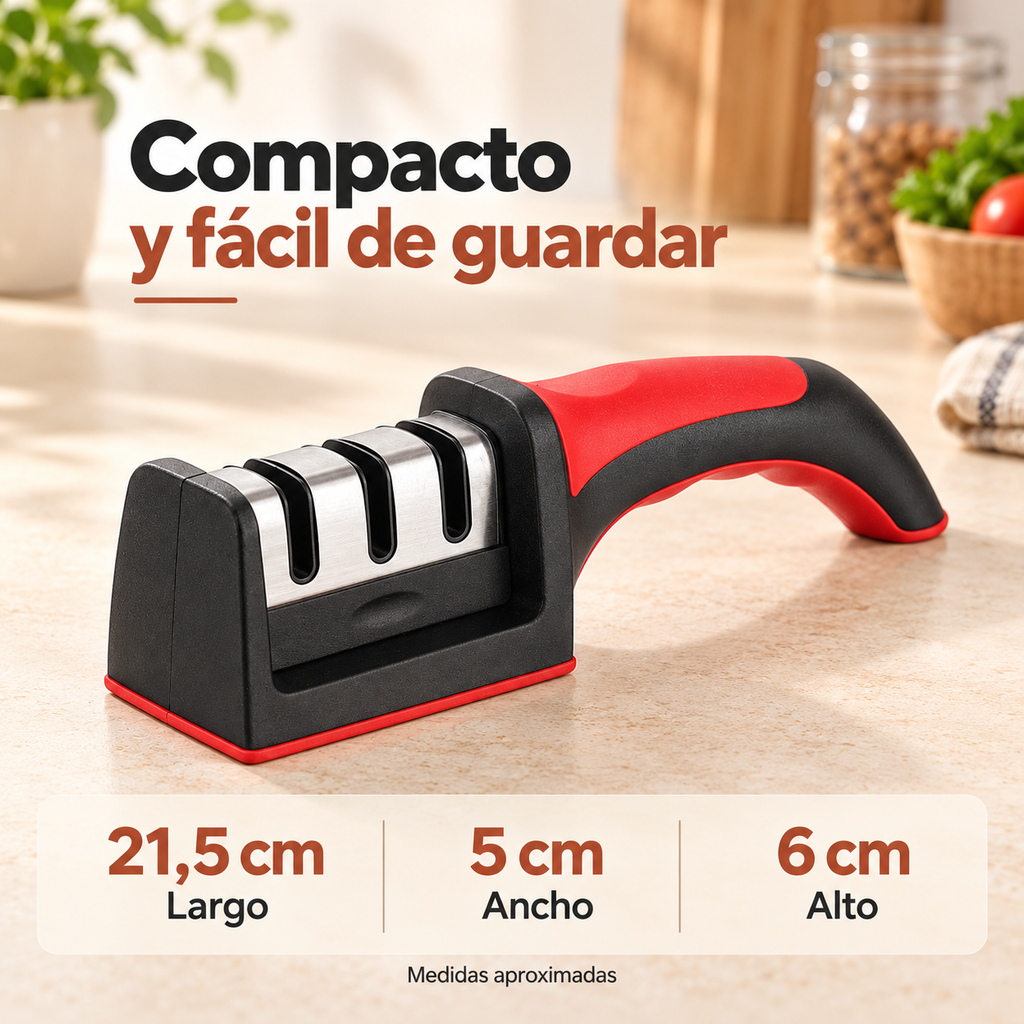 Medidas aproximadas del afilador de cuchillos: 21,5 cm de largo, 5 cm de ancho y 6 cm de alto
