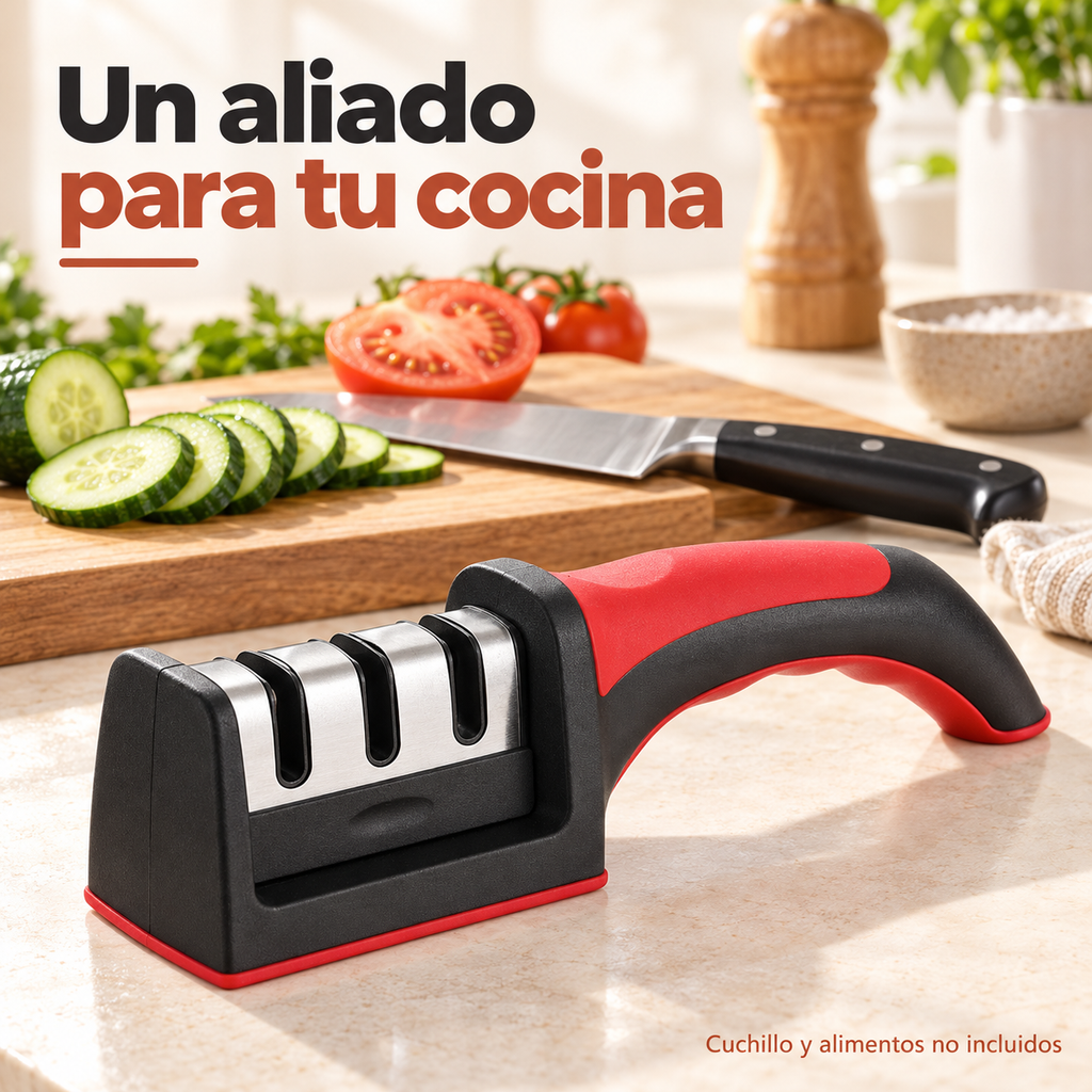 Afilador de cuchillos negro y rojo de 3 ranuras junto a una tabla con vegetales en una cocina