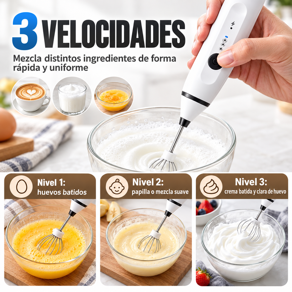 Tres velocidades del espumador de leche blanco