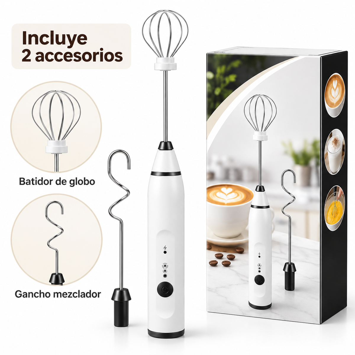 Espumador eléctrico blanco con batidor de globo, gancho mezclador y presentación ilustrativa