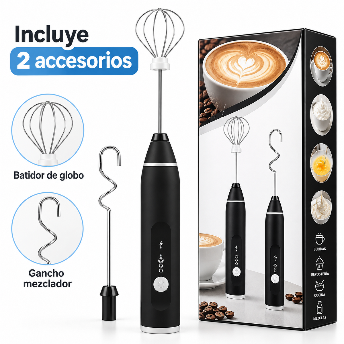 Espumador eléctrico negro con dos accesorios intercambiables