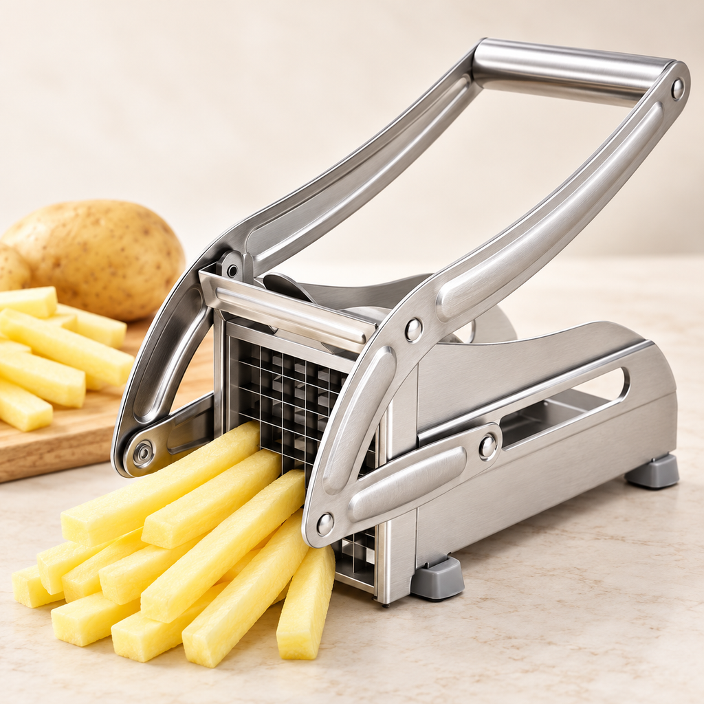 Cortador manual de papas y vegetales con palanca metálica y bastones de papa recién cortados