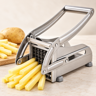 Cortador manual de papas y vegetales con palanca metálica y bastones de papa recién cortados
