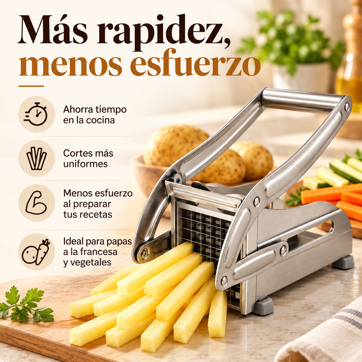 Cortador manual de papas y vegetales para obtener cortes uniformes y simplificar la preparación