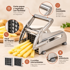 Características del cortador manual de papas: cuchillas intercambiables, palanca y patas antideslizantes