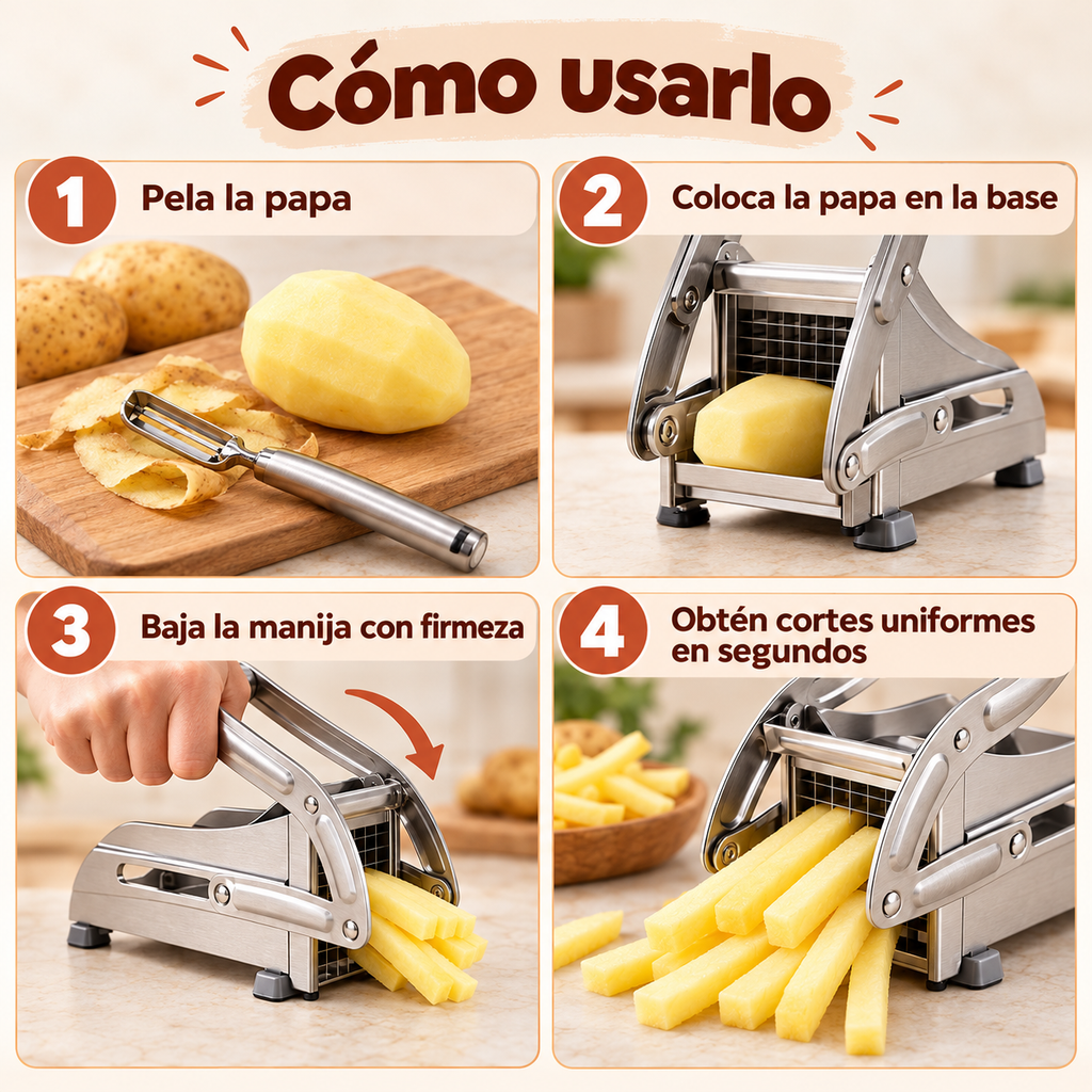 Guía visual de uso del cortador de papas manual en cuatro pasos