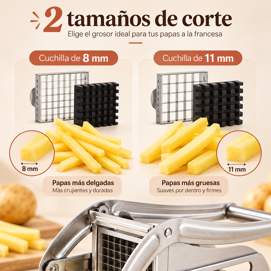 Comparación de cuchillas de 8 mm y 11 mm para bastones de papa finos y gruesos