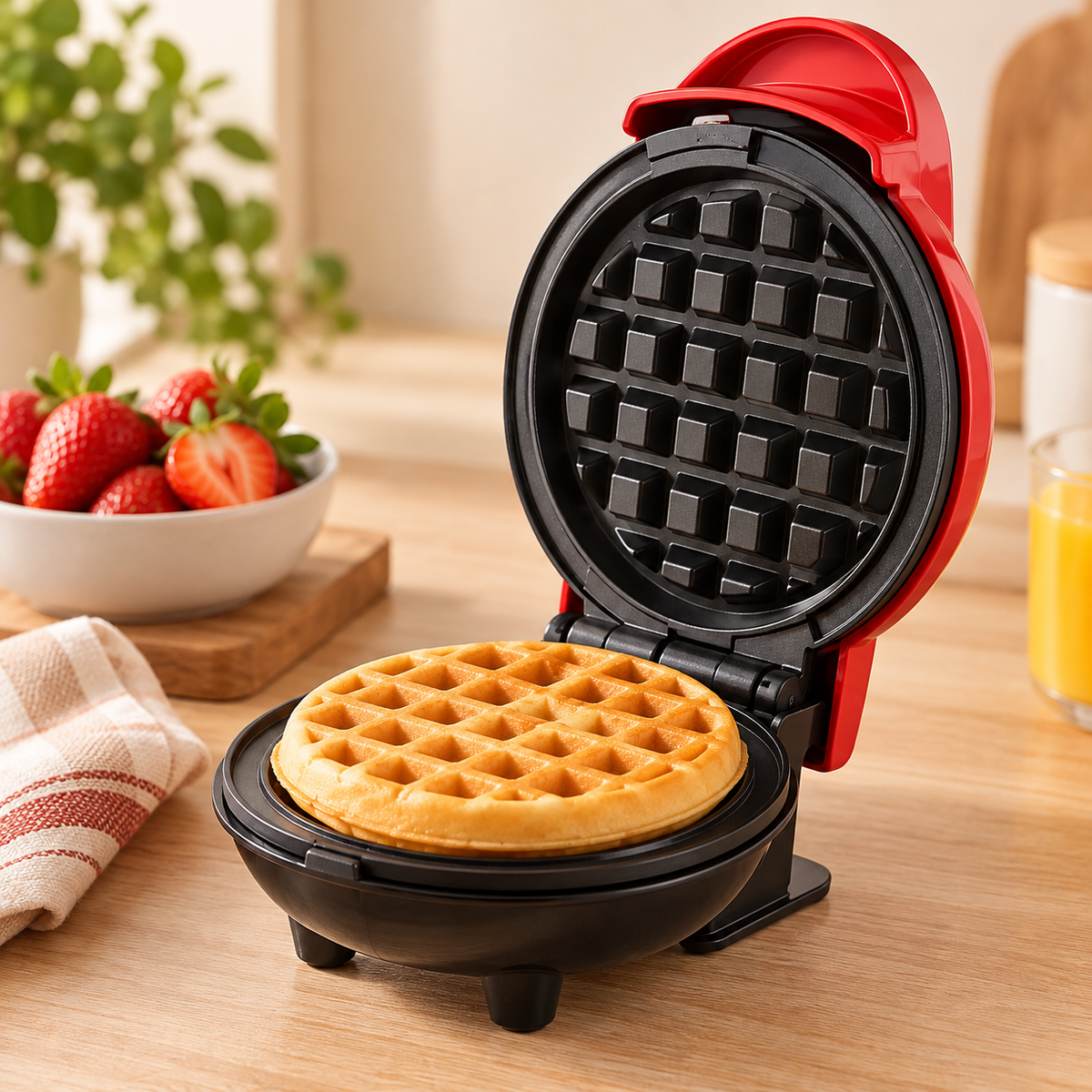 Mini waflera eléctrica roja y negra abierta con waffle dorado en cocina acogedora de Isalia Home