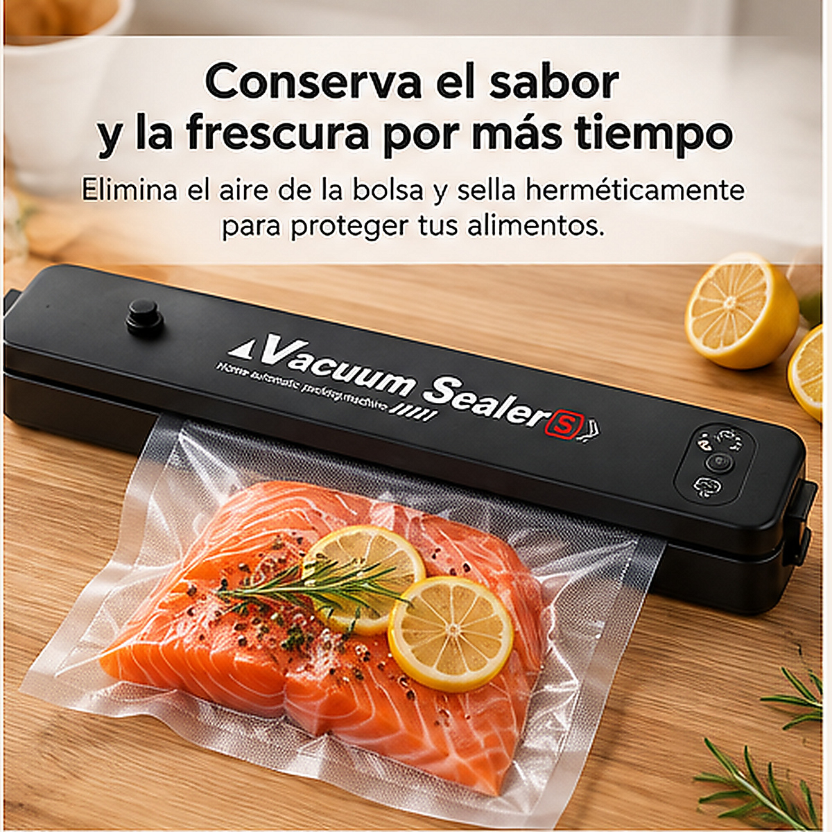 Beneficios de la máquina selladora Vacuum Sealer con salmón; composición original conservada y resolución mejorada