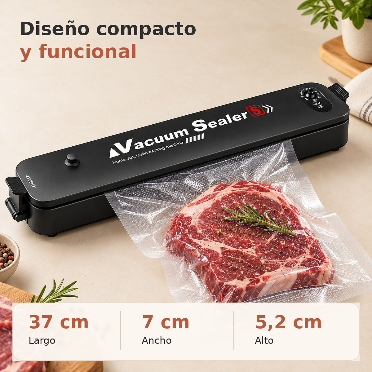 Diseño compacto de la máquina selladora al vacío con medidas de 37 por 7 por 5,2 centímetros