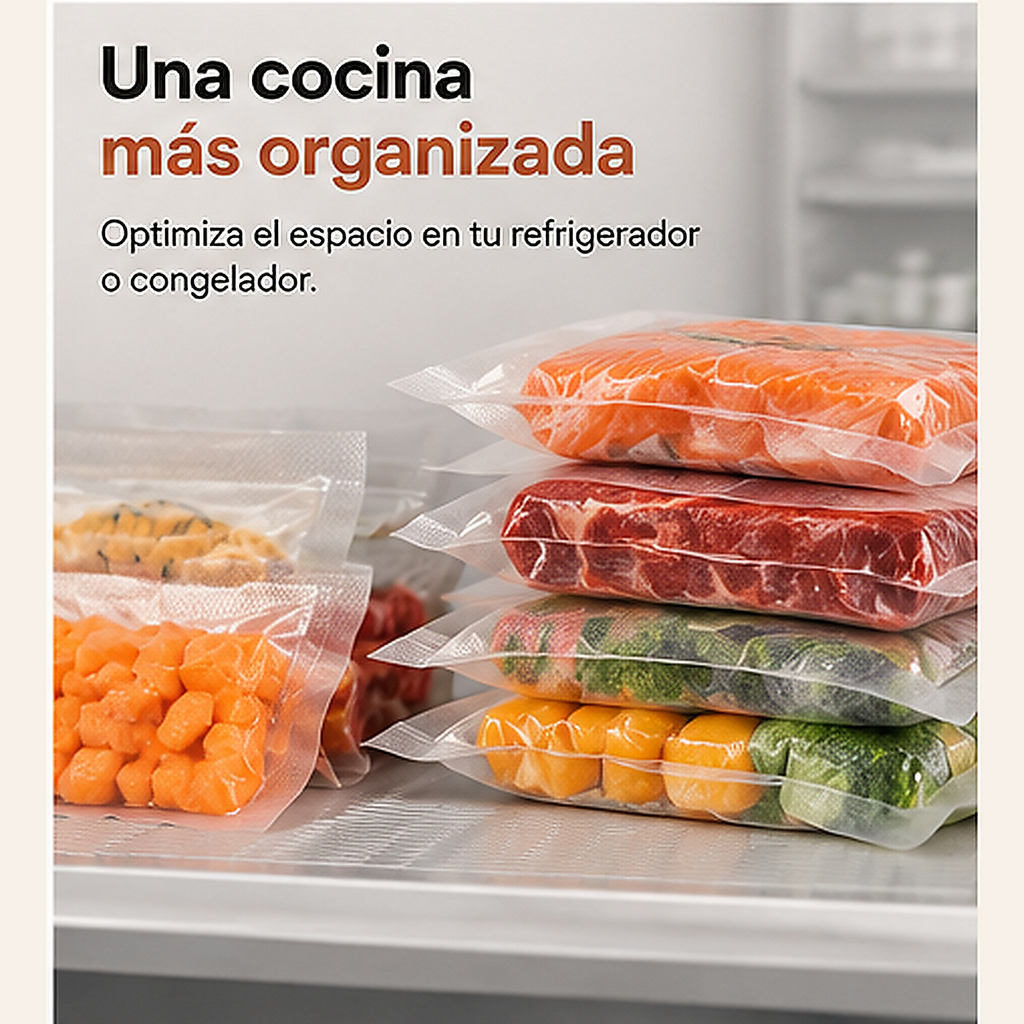 Organización de alimentos sellados al vacío en refrigerador, misma composición y mayor nitidez