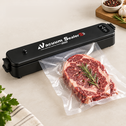 Máquina selladora al vacío Vacuum Sealer con carne en bolsa; marca visible solo en el aparato y fondo beige limpio
