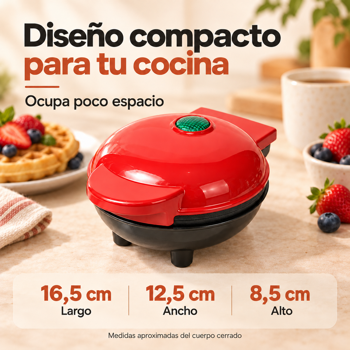 Mini waflera roja y negra cerrada con dimensiones aproximadas 16,5 × 12,5 × 8,5 cm