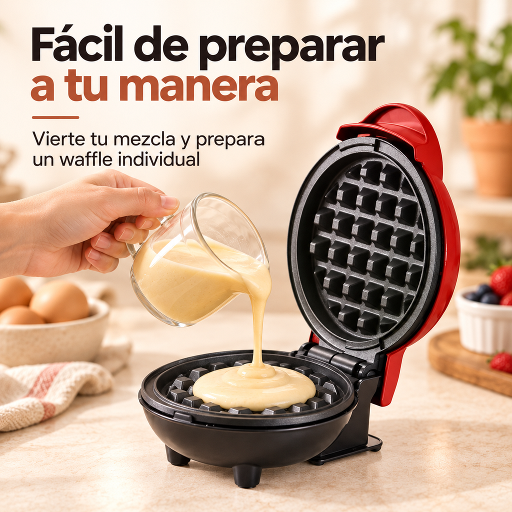 Mezcla vertida en la mini waflera roja y negra para preparar un waffle individual