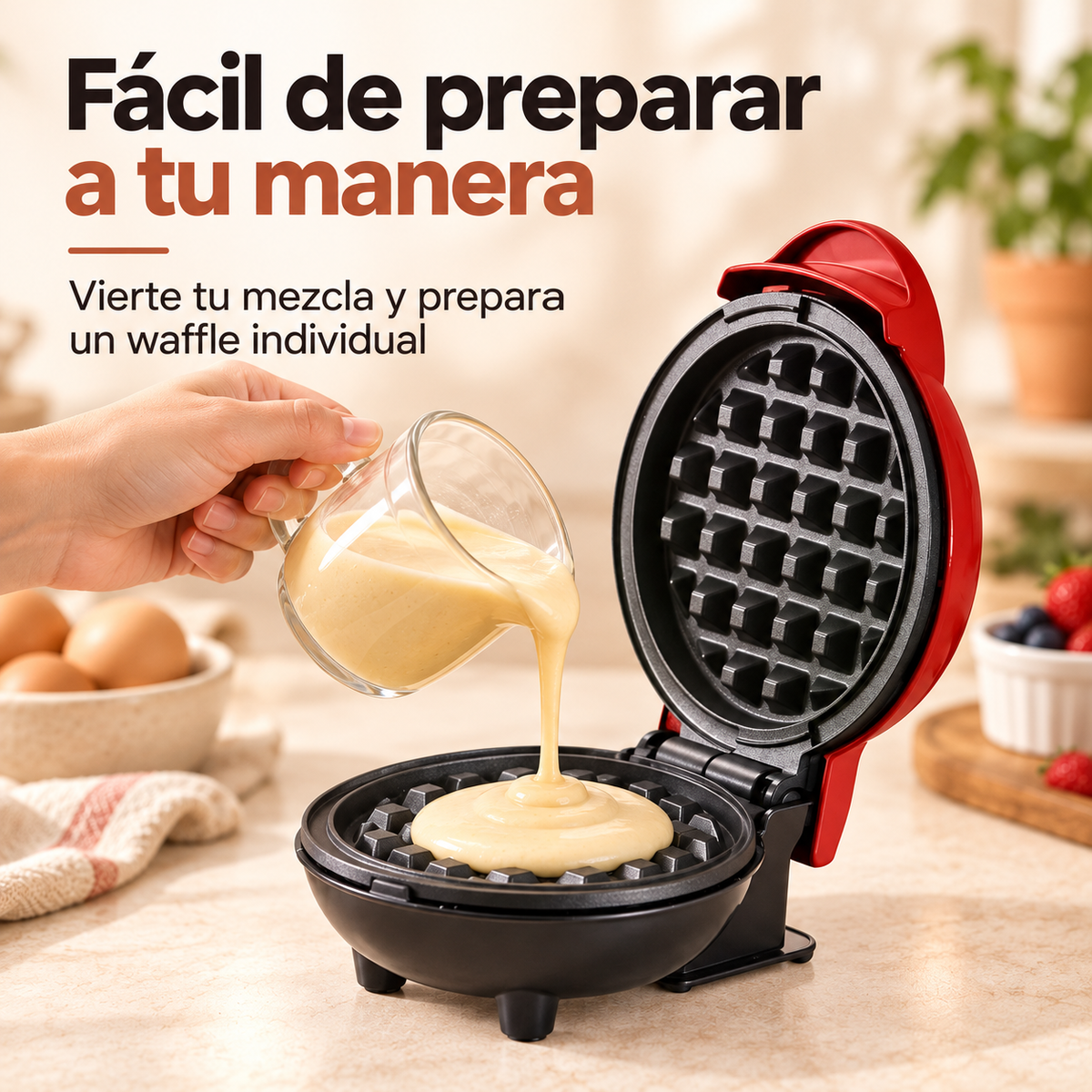 Mezcla vertida en la mini waflera roja y negra para preparar un waffle individual