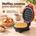 Mini waflera roja y negra con waffle dorado y sugerencia de desayuno con frutas